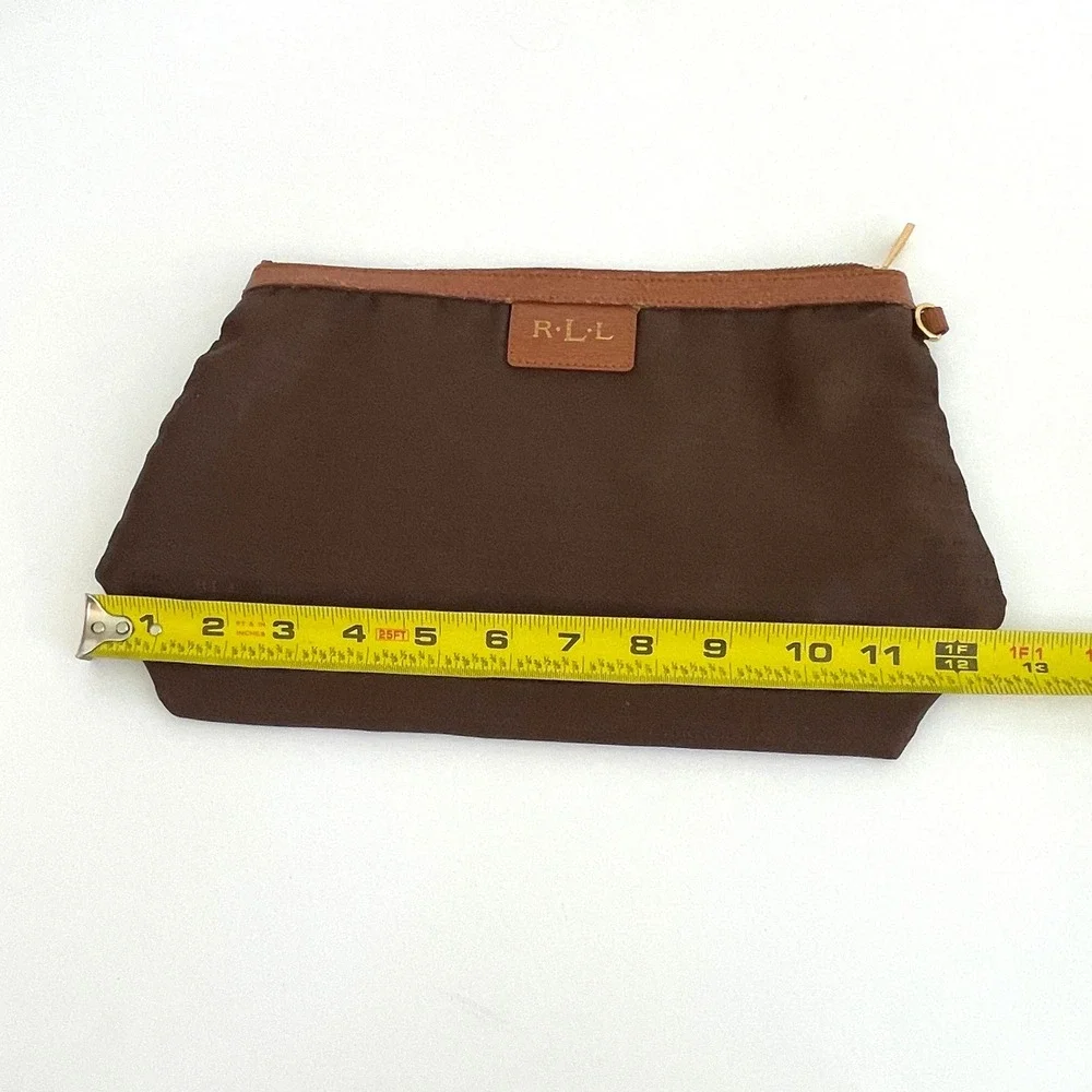 Lauren Ralph Lauren Brown Nylon Logo Pouch Makeup Bag Gold‎ Hardware RLL